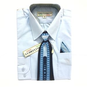Gino Clericci Boys Blue Dress Shirt Blue Navy Tie Hanky Set Sizes 4 - 6
